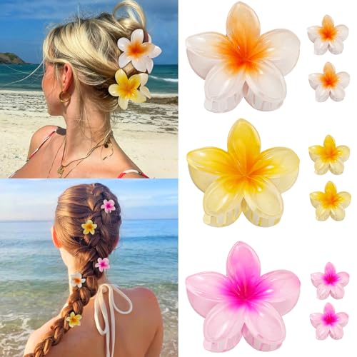 9 Pcs Hawaiian Flower Hair Clips for Women Girls, Plumeria Claw Clips for Thick/Thin Hair, Strong Hold Summer Beach Cute Hair Accessories Tropical Decorative, Large & Small (3Set)
