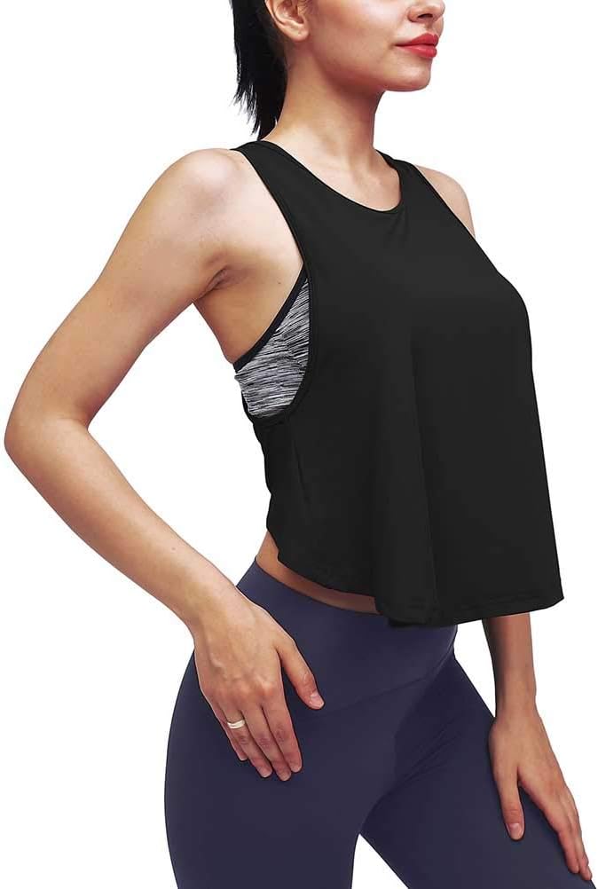 Mippo Workout Tank Tops Loose Workout Shirts Crop Tops Cropped Tanks Muscle Shirt Womens Workout Clothes Black XS