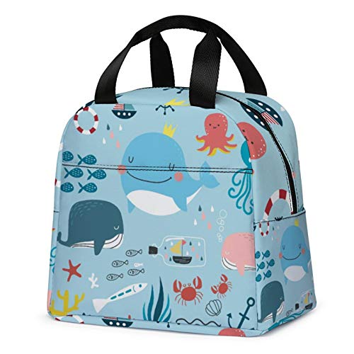 Image of YCGRE Lunch Bag for Kids - Stylish, Durable, Portable, and Versatile Reusable Cooler Bag with Upgraded Insulation, Sky Blue with Whale