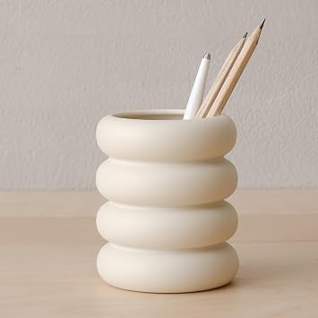 WENSHUO Chubby Pen Holder, Makeup Brush Organizer, Modern and Minimalistic, Ceramic Desk Accessories Matte Creme