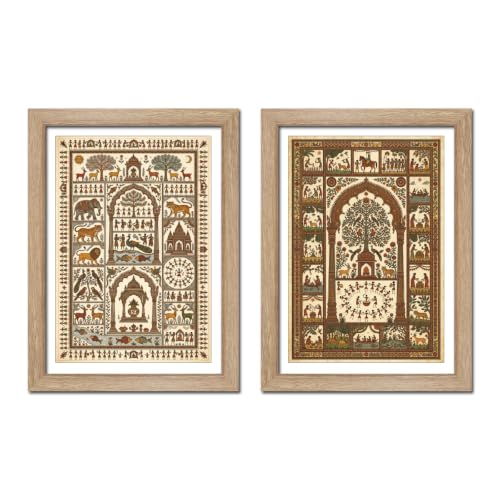 Image of TenorArts Traditional Tribal Folk Art Photo Frame Set of 2 , Indian Rural Arts Decor Wall Hanging Painting For Bedroom Living Room Cafe and Home decor / Minimal Drawing Framed Posters for Decoration (9x12 inches) [T2P-05T]