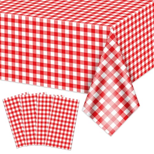 Lot de 4 nappes vichy rouges et blanches à carreaux de 220 x 130 cm – Housses de table rectangulaires imperméables pour pique-nique, fête d'anniversaire,...