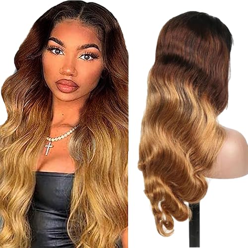 AiPliantfis Human Hair Wig Glueless Wig Wear and Go Parrucca Donna Capelli Veri Body Wave 4X4 Lace 1B/4/27 Ombre Blonde Pre Plucked 150% Density Real Unprocessed Remy Hair 20 Pollici