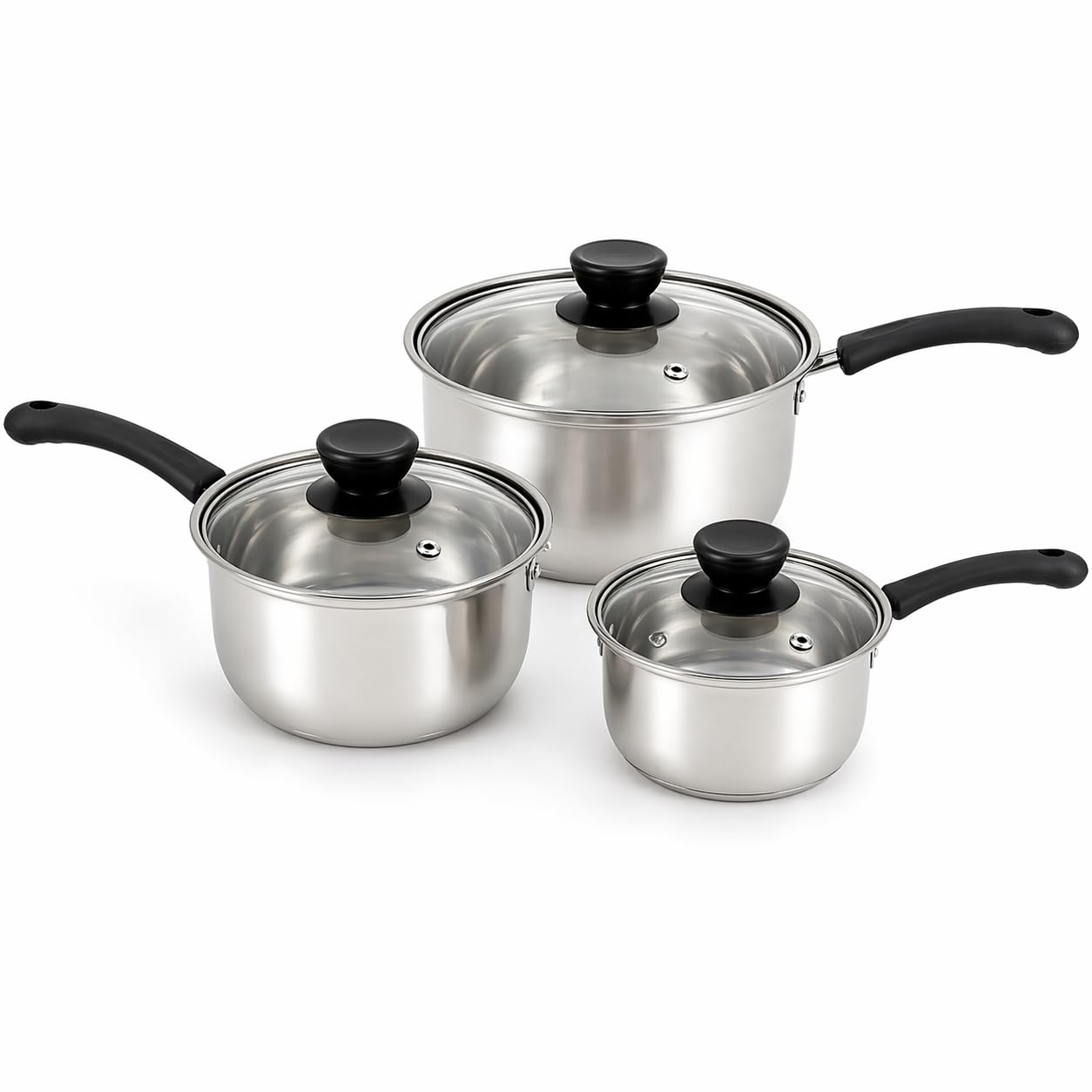 3PCS Induction Pan Set Stainless Steel Saucepan Set with Glass Lids, 16/18/20cm Cookware Pots, Dishwasher Safe, Even Heat Base, Silver
