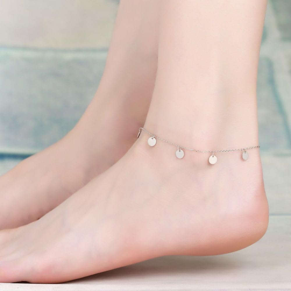 Adabele Solid Sterling Silver 18K White Gold Adjustable Anklet 6mm Coin Disk Pendant 9 10 11 Inch with 1 Inch Extender Hypoallergenic Nickel Free Tarnish Resistant Women Jewelry