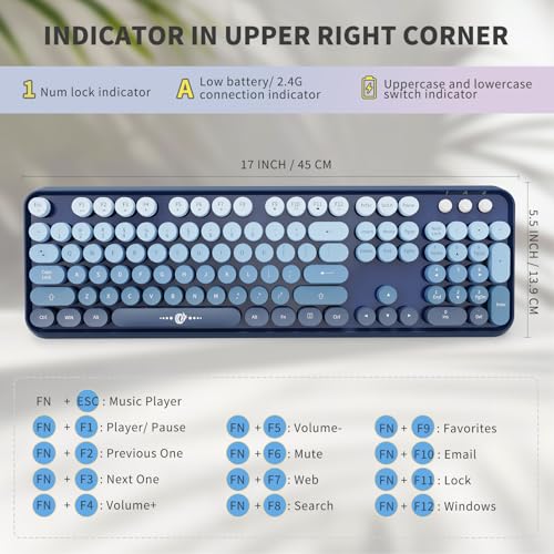 FOPETT Wireless Keyboard and Mouse Combo - 2.4G Full-Sized Cute Colorful Mouse and Keyboard with 104 Round Keys Retro Typewriter Keyboard for Laptop/Windows/PC - Blue Gradient by FOPETT - Image 3