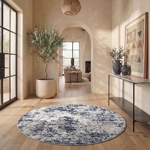 SAFAVIEH Amelia Collection Area Rug - 5'3" Round, Ivory & Navy, Modern Abstract Design, Non-Shedding & Easy Cleaning, Ideal for Living Room, Bedroom, Dining Space (ALA705A)