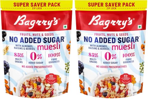 Image of Bagrry's No Added Sugar Muesli with Fruits, Nuts & Seeds - 700g | High Fibre & Protein | 0% Added Sugar, No Corn Flakes | Whole Grain Breakfast Cereal with Almonds, Raisins, Pumpkin Seeds & Berries | No Sugar infused Berries | Supports Weight Management & Heart Health