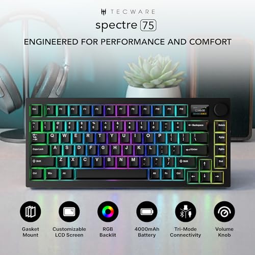 Image of TECWARE Spectre 75 Mechanical Gaming Keyboard | Customizable LCD Screen Display & Knob | Tri-Mode Wireless Bluetooth 2.4GHz | Gasket Mount Hot Swappable | Black Candy Red Linear Switches