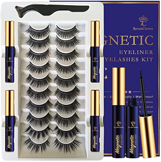 3D Magnetic Eyelashes with Eyeliner Kit - SevenCrown Magnetic Lashes Natural Looking with Upgraded 4 Tubes of Magnetic Liner Waterproof, Long Lasting,10 Pairs Reusable False Eyelashes Easy to Apply.