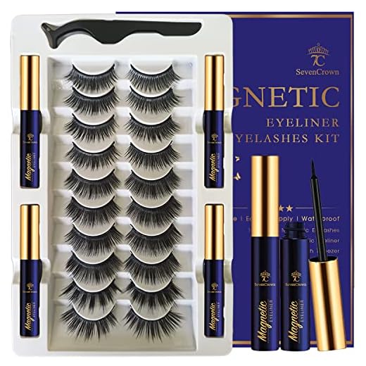 3D Magnetic Eyelashes with Eyeliner Kit - SevenCrown Magnetic Lashes Natural Looking with Upgraded 4 Tubes of Magnetic Liner Waterproof, Long Lasting,10 Pairs Reusable False Eyelashes Easy to Apply.