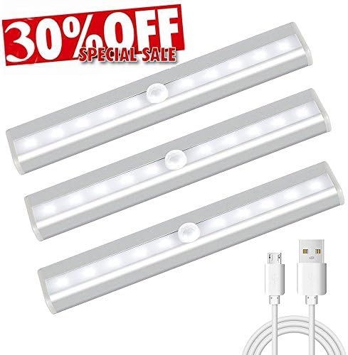 Super Bright USB Rechargeble Motion Sensor Closet Lights Portable Wireless Light Bar Under Cabinet Lights Stick-on Anywhere 10-LED Motion Sensor Activated Night Light,Indoor Step Light,3 Pack