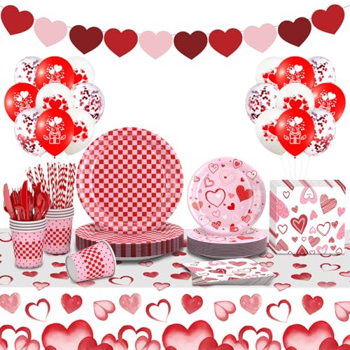 KNUOPYT 146Pcs Red Heart Love Paper Plates Set for Girls' Birthday Party
