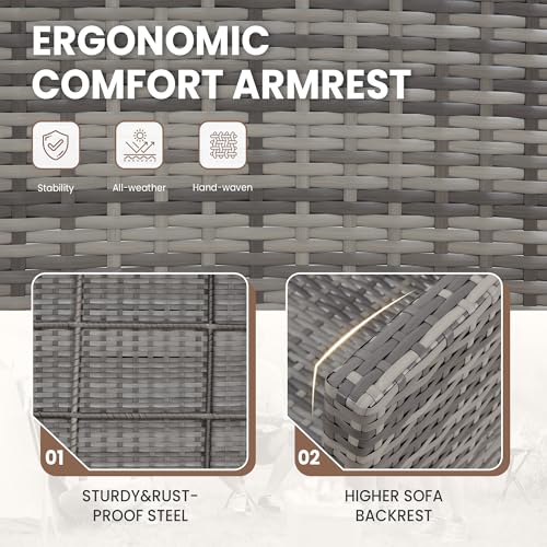 FHFO 7 Piece Patio Furniture Set, Outdoor Sectional Furniture Wicker Conversation Sofa Set, Includes 3-Seater Sofa, Loveseat, Single Sofa, Tempered Glass Coffee Table, Ottoman (Grey/Beige) - Image 6