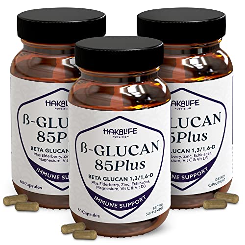 Haka Life Nutrition Glucan85Plus Beta-Glucan 1,3/1,6-D Capsules â€” Immune Support Supplement with Organic Elderberry, Vitamin C and Vitamin D3 â€” Great for The Heart and Lungs â€” 500mg (3 Bottles)