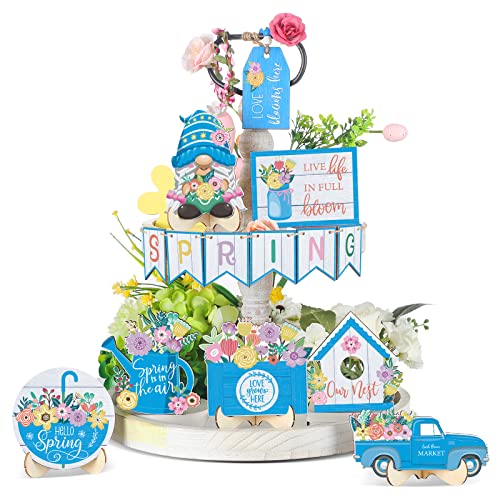 Hello Spring Tiered Tray Decor Tulips Table Wooden Sign Decorations Flower Market Tabletop Rustic Farmhouse Decor for Spring Holiday Party Home Kitchen (Flower Style)
