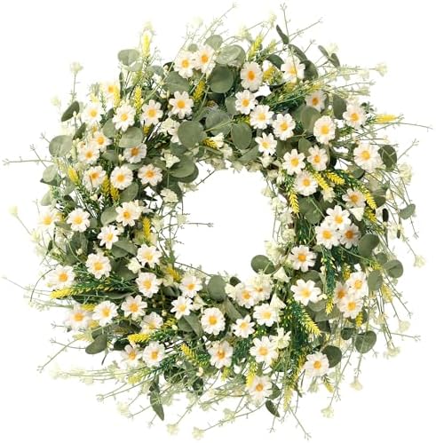 Sggvecsy White Daisy Wreath 24 Inch with Fake Silk Floral Green E...