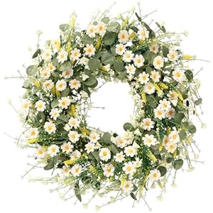 Sggvecsy White Daisy Wreath 24 Inch with Fake Silk Floral Green Eucalyptus Leaves and Lavender for Spring Summer Front Door Window Wall Wedding Farmhouse Festival Decor