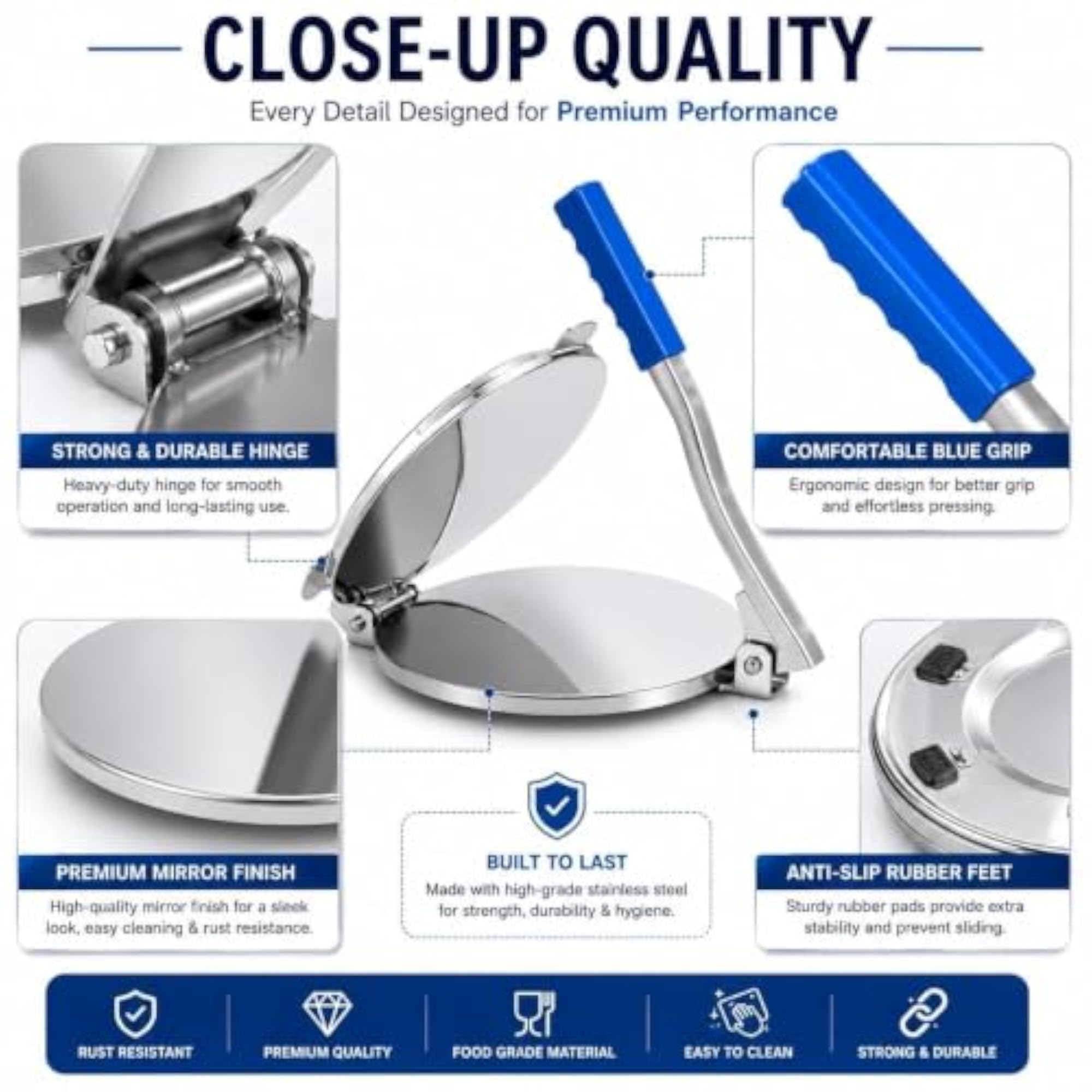Stainless Steel Tortilla Press with Blue Handle for Roti