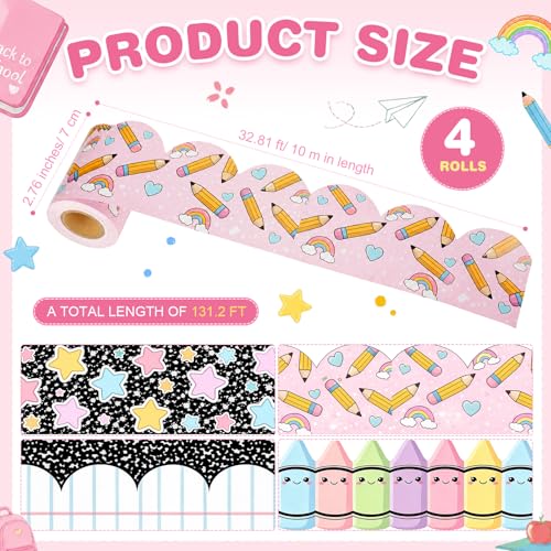 Outus 4 Rolls 131.2 ft Back to School Bulletin Board Border - Pastel Compositior Classroom Decoration Star Crayon Rainbow Pencil Welcome Back Borders Trim for First Day of School Office Home Wall - Image 2