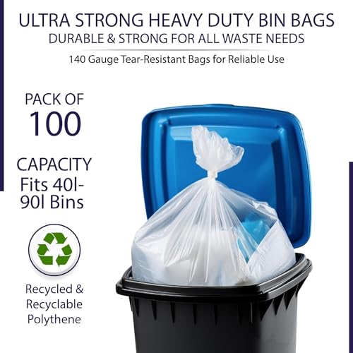 Bag it Plastics 100 Heavy Duty Clear Recycling Bin Bags - 140 Gauge Strong Bin Liners, Clear Bin Bags for 40L-90L Bins, Ideal for Recycling and Waste - Refuse Sacks 18” x 29” x 39”