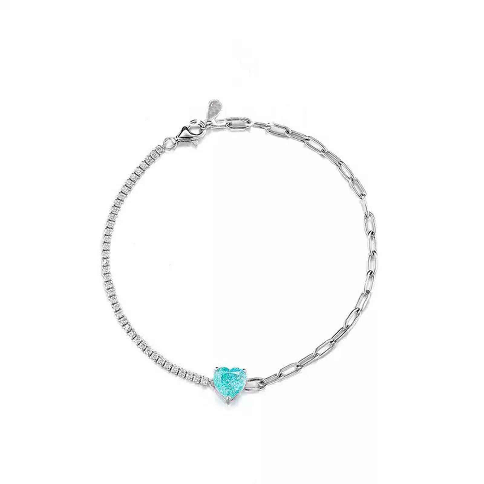 Pulsera de Mujer Oro Blanco 9 Kilates / 14 Kilates / 18 Kilates, Corazón con Turmalina Paraíba Creada de 2 ct y Moissanita, Cadena 16 CM, Pulseras Plata Azul Verde Mujer