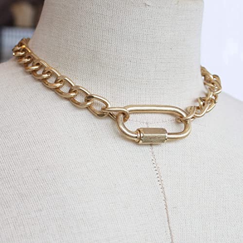 Pomina Trendy Gold Thick Chunky Chain Choker Necklace Gold Carabiner Lock Circle Pendant Thick Link Chain Necklace For Women (Carabiner_Worngold) #TOP3
