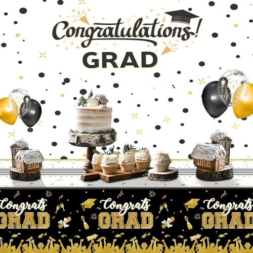 Image of chiazllta Set of 3 Graduation Tablecloths Class of 2026 Congrats Grad Black Graduation Party Tablecover Decorations Party Supplies Large Size Plastic 54 inchx108 inch(Black & Gold)