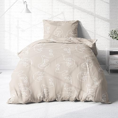 Träumschön Premium Bettwäsche 135x200 + 80x80 cm - One Line Design Beige - Sommer Bettwäsche aus Baumwolle – Weich, Atmungsaktiv & Hautfreundlich - bügelfrei