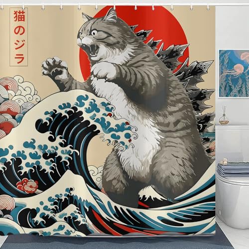 ASDCXZ Duschvorhang Japanischer Katze 180x200 cm, Vintage Lustig Japan Anime Katze Sonne Welle Kinder Tier Wasserdicht Badvorhang Polyester Textil Waschbar Duschvorhänge für Badewanne mit 12 Haken