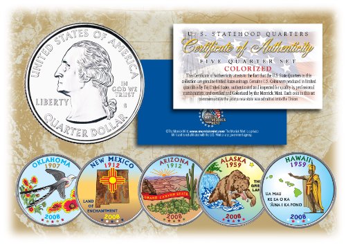 2008 US Statehood Quarters COLORIZED Legal Tender 5-Coin Complete Set w/Capsules