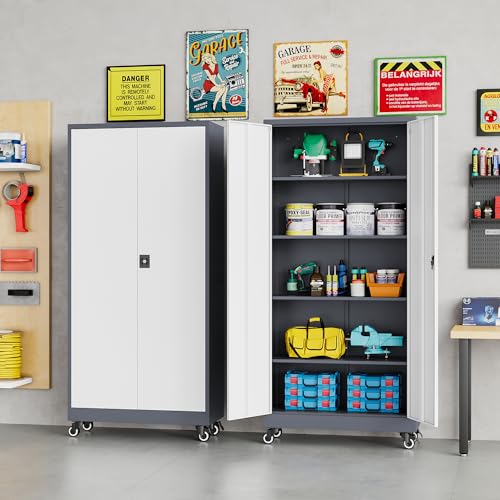 Image of 75 inch Tall Metal Storage Cabinet with Wheels,Rolling Garage Storage Cabinet with Lock,Gray White Metal Cabinets with Wheels and Shelves,Locking Tool Cabinets on Wheel for Garage,Home,Office,Shop