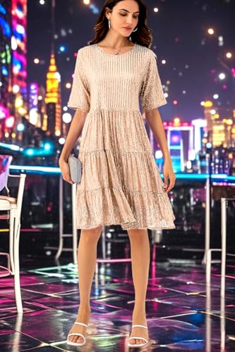 Image of Sequin Babydoll Summer Dress，Sparkly Glitter Dress Short Flowy Tiered Tunic Dress for Women Party Club Night