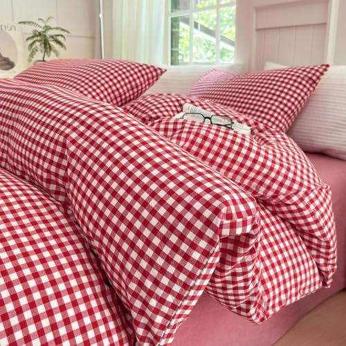Image of LifeTB Queen Comforter Set Red Gingham Comforter Modern Style Plaid Boho Comforter Set 3 Pieces Fluffy Grid Checkered Comforter with 2 Pillowcases Farmhouse Gingham Bedding Set Queen Size