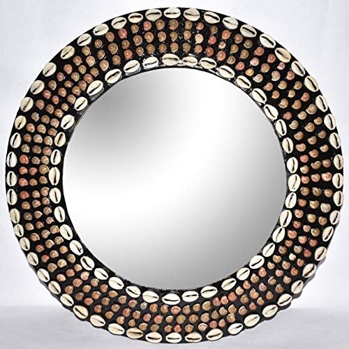 Hind Handicrafts 15" Sea Shell Wood Crafted Wall Mount Round Mirror for Wall - Rustic Accent Mirror for Bathroom - Entry - Dining Room - Living Room - Gift (15" x 15", Antique)