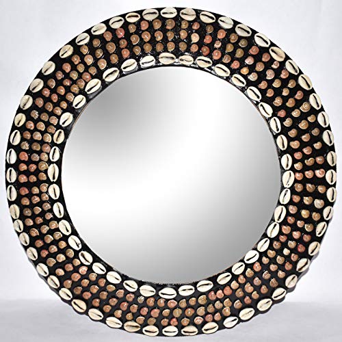 Image of 15 inch Sea Shell Wood Crafted Wall Mount Round Mirror for Wall - Rustic Accent Mirror for Bathroom - Entry - Dining Room - Living Room - Gift (15 inch x 15 inch, Antique)