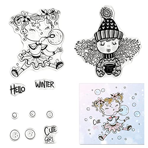 2Pcs Girls Words Clear Stamps For Card Making, Bubble Winter Transparent Rubber Stamps For Bullet Journal Diy Scrapbook Decoration Handmade Crafts Notebook #TOP20