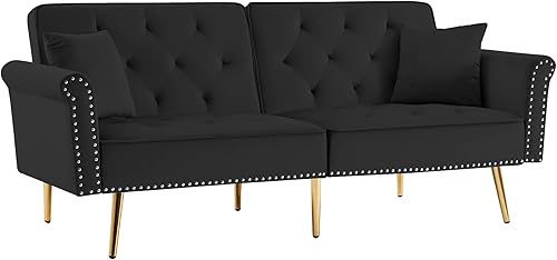 Miniatura 78 de Moderno sofá biplaza de terciopelo de 59 pulgadas con 2 bolsillos, sofá cama convertible tapizado con respaldo múltiple ajustable, sofá futón con