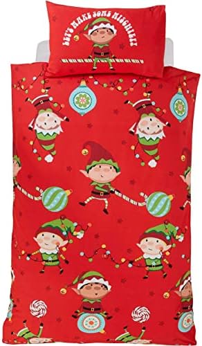 Rapport Home Naughty Elves Single Duvet Cover Children's Christmas Bedding Set Festive, Cotton, Red
