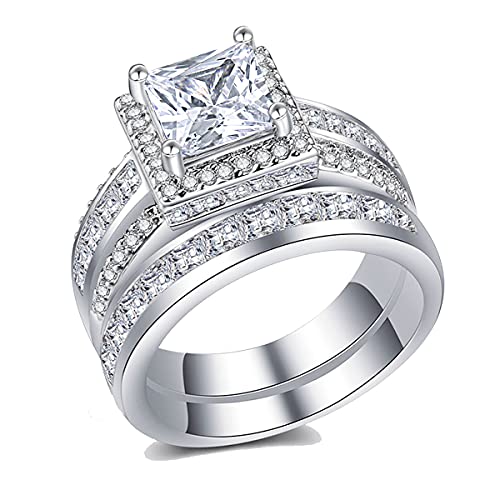 CEJUG 3Ct Princess Wedding Rings for Women Engagement Ring Set Bands 18k White Gold Plated Halo Cz Size 6-10