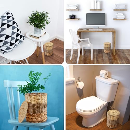 Image of Ctosree 1.3 Gallons Small Trash Can with Lid Handle Boho Woven Braided Bathroom Waste Basket Trash Can with 100 Garbage Bags for Bedroom Office Laundry(Braided Wicker, Primary Color)