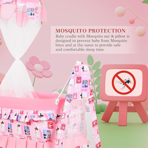 Image of New Born Baby Soft Seat Cradle with Swing and Mosquito Net, Four Wheels with Brake Lock for Swing Cradle /Jhula /Palna /Bed /Baby Safe for 0-2 Years (Pink)