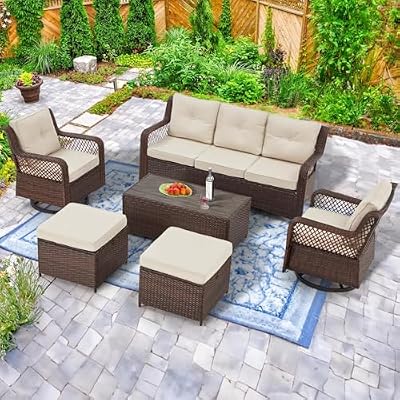 Suvivityse 6 Pieces Wicker Patio Furniture Set Conversations Sets, 2 Outdoor 360° Swivel Chairs, Patio Swivel Chair with Table and Ottoman for Garden, Poolside, Backyard (Beige)