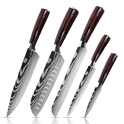 SAZVIA Kitchen Knife Set of 5, Ultra Sharp Knife Set with Pakkawood Handle, High Carbon Stainless Steel Knives Set for Kitchen