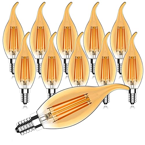 MZYOYO Vintage Kerzenbirnen Lampe E14 Kerze LED, E14 4W Dimmbar Classic Kerzenform Filament,2700K Warmweiß Filament Fadenlampe,360 Lumen ersetzt 30 Watt,Amber,10er Pack,Energieklasse F Cover