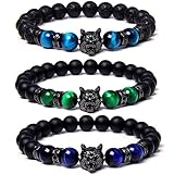 yijan 3Pcs Save A Wolf Bracelet,Wolf Head Lava Rock Bracelet,Healing Crystal Stress Relief Anti Anxiety Energy Stone Beaded Bracelet,Adjustable Bracelet for Men (Set)