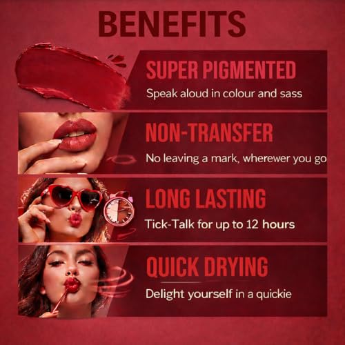 Image of ENIRA Blood Red Liquid Lipstick for Women | 4ml | Matte Liquid Lipstick | Waterproof | Transfer Proof | Smudge Proof | Long Lasting | Highly Pigmented | Vitamin E | Lightweight Non-Sticky Formula