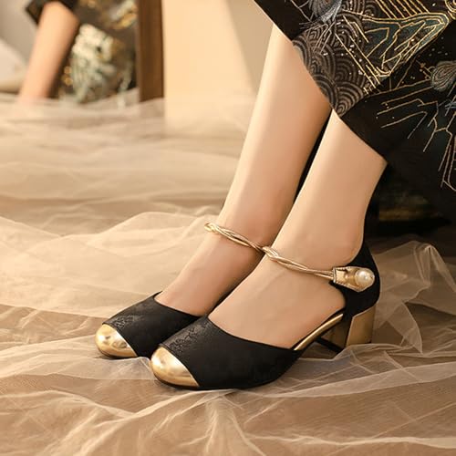 Block Low Heel Mules for Women Square Closed Toe Slip On Backless Pumps Elegant Strap Pearl Pumps Chunky Block Mid Heels Formal Evening Party Shoes4