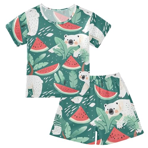 ALAZA Polar Bear Watermelon Pajamas Short Sleeve 2 Piece Sleepwear Top and Bottom Pajama Set Unisex