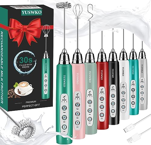 Image of YUSWKO Handheld Milk Frother Wand for Coffee, Rechargeable Electric Whisk with 3 Heads 3 Speeds Drink Mixer Coffee Frother For Latte, Cappuccino, Hot Chocolate, Egg, Green